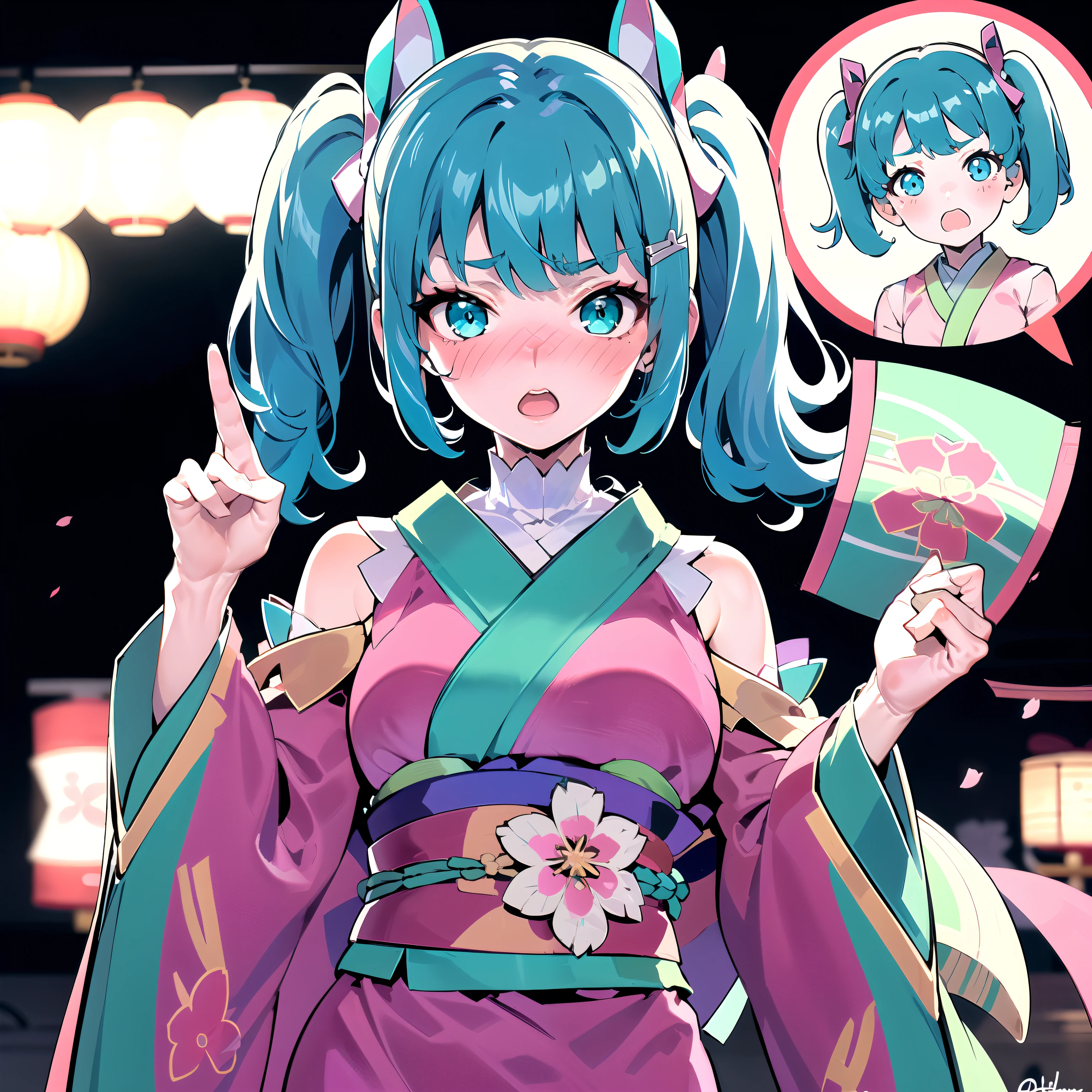 CaphenyAOV,1girl,aqua eyes,aqua hair, twintails, japanese clothes, kimono, sash, obi, short kimono, hair ornament,white legwear,wide sleeves,socks, pink dress, flower, upper body, potrait, full-face blush, o_o,embarrassed, open mouth, 