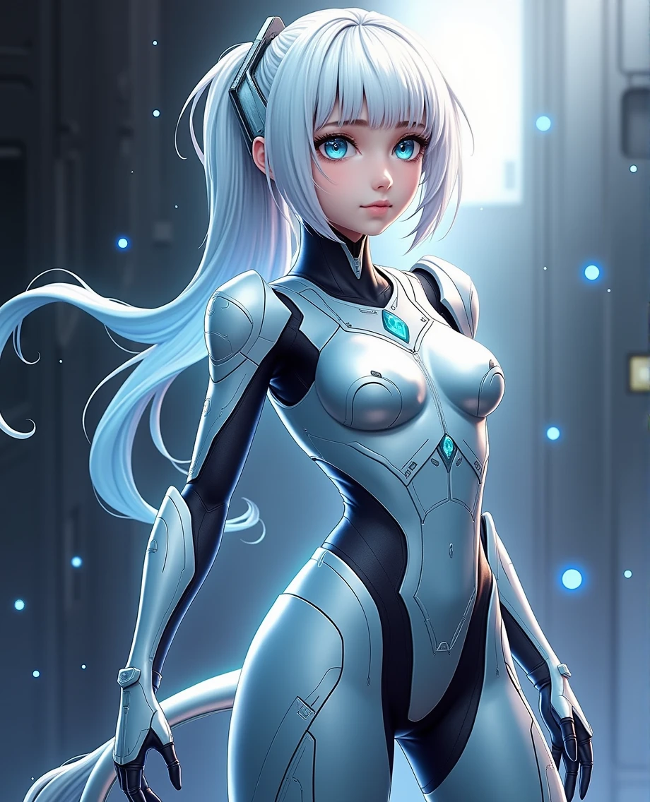 ((Holographic glow effect)),8k, Highest quality, (real:1.4), Original photo, 1 girl, Asari Hair, Biological Amplifier, refined armor, posture: Peace talks between warring factions, smart blue eyes,whole body