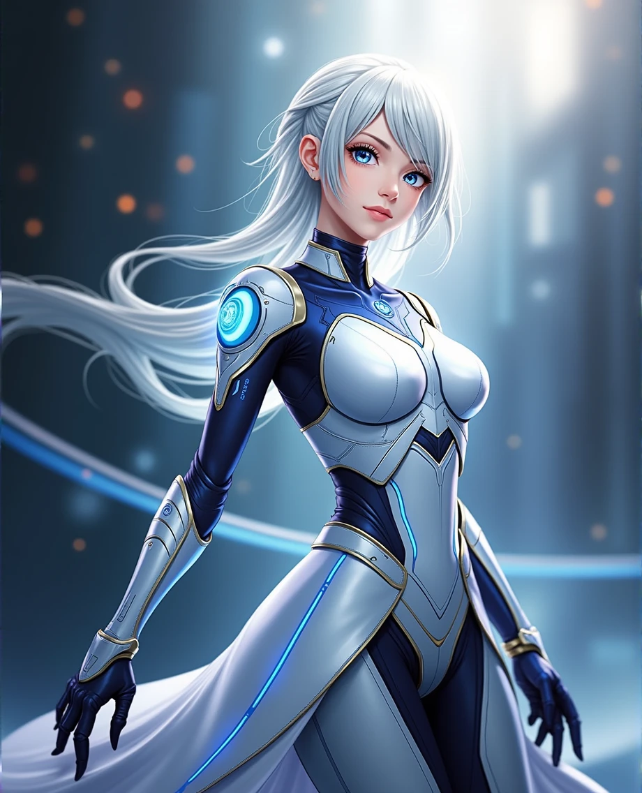 ((Holographic glow effect)),8k, Highest quality, (real:1.4), Original photo, 1 girl, Asari Hair, Biological Amplifier, refined armor, posture: Peace talks between warring factions, smart blue eyes,whole body