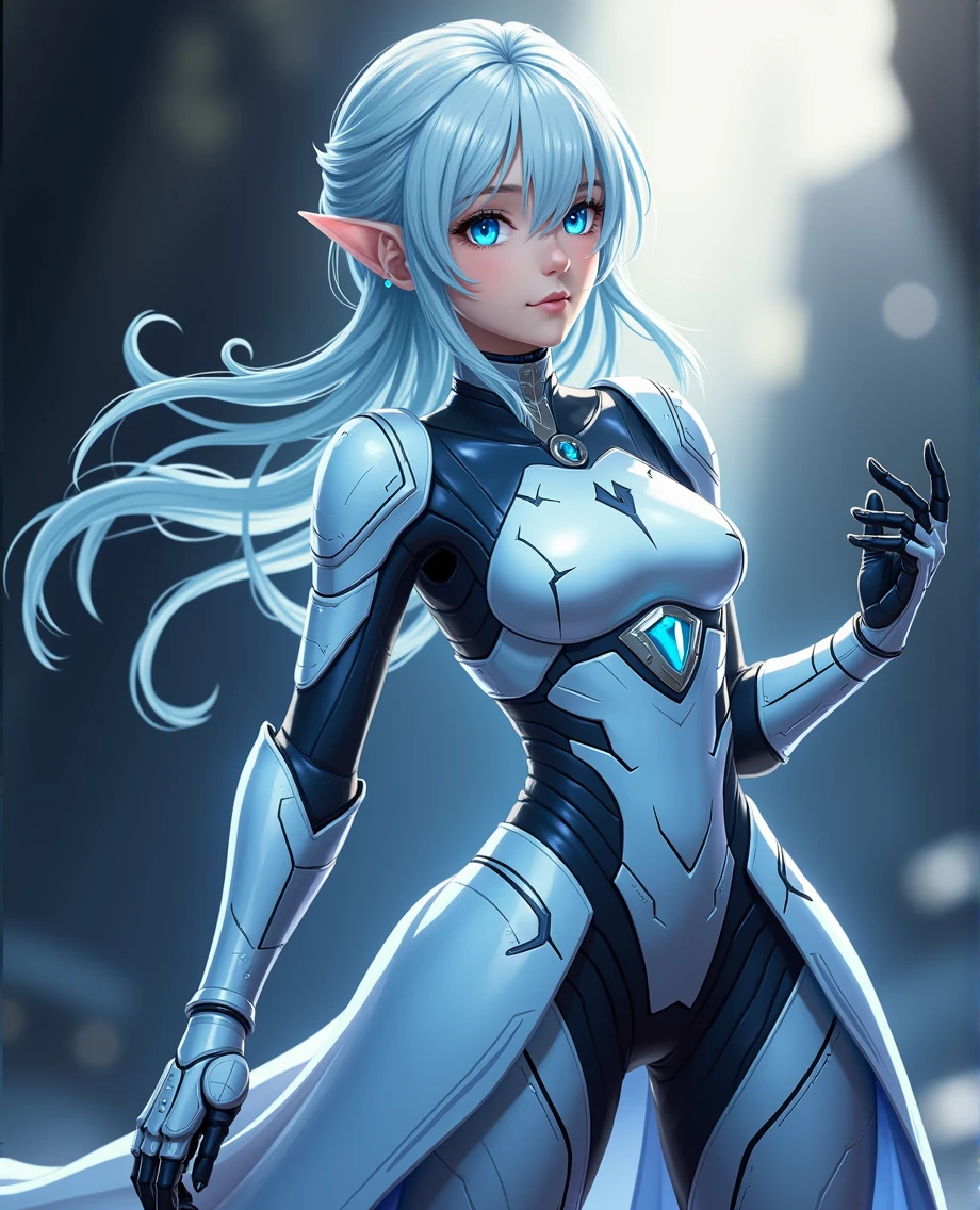 ((Holographic glow effect)),8k, Highest quality, (real:1.4), Original photo, 1 girl, Asari Hair, Biological Amplifier, refined armor, posture: Peace talks between warring factions, smart blue eyes,whole body