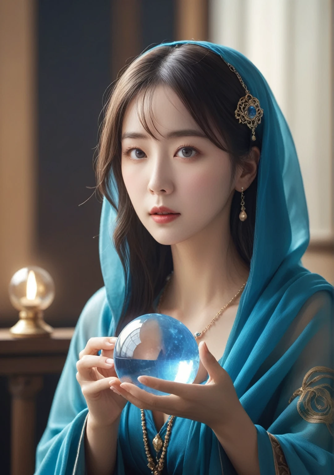 Female fortune teller. Body and face orientation: front. Charm, Beautiful and mysterious. She is wearing a blue cape、Have a clear face. The atmosphere is bright and sparkling, Filled with anxiety and anticipation. A fortune teller is standing. She has a crystal ball in her hands. The lighting in the room is bright, Create a fantastic atmosphere. Best image quality, 4K or 8K resolution. Extremely detailed and realistic, Almost photorealistic. Artistic style is、It should reflect the formula's aesthetic with bright colors and strong contrast。. The color palette should emphasize the mysterious and mystical theme of the piece.. The fortune teller's cloak is decorated with metal trim and intricate designs.、The thickness ratio is 1.5. The overall atmosphere is starry and magical.. The fortune teller's facial expression should arouse mystical interest..