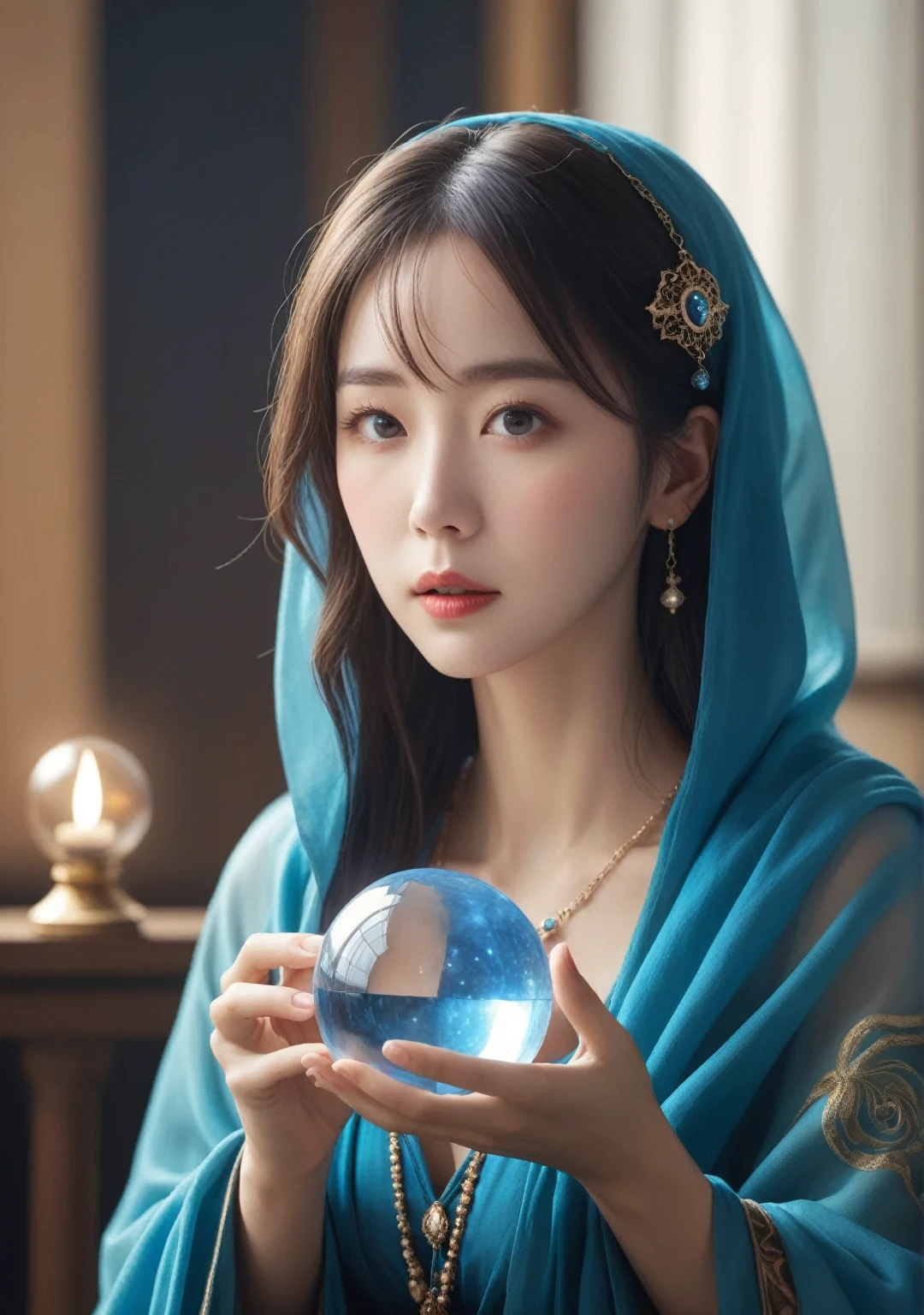 Female fortune teller. Body and face orientation: front. Charm, Beautiful and mysterious. She is wearing a blue cape、Have a clear face. The atmosphere is bright and sparkling, Filled with anxiety and anticipation. A fortune teller is standing. She has a crystal ball in her hands. The lighting in the room is bright, Create a fantastic atmosphere. Best image quality, 4K or 8K resolution. Extremely detailed and realistic, Almost photorealistic. Artistic style is、It should reflect the formula&#39;s aesthetic with bright colors and strong contrast。. The color palette should emphasize the mysterious and mystical theme of the piece.. The fortune teller&#39;s cloak is decorated with metal trim and intricate designs.、The thickness ratio is 1.5. The overall atmosphere is starry and magical.. The fortune teller&#39;s facial expression should arouse mystical interest..