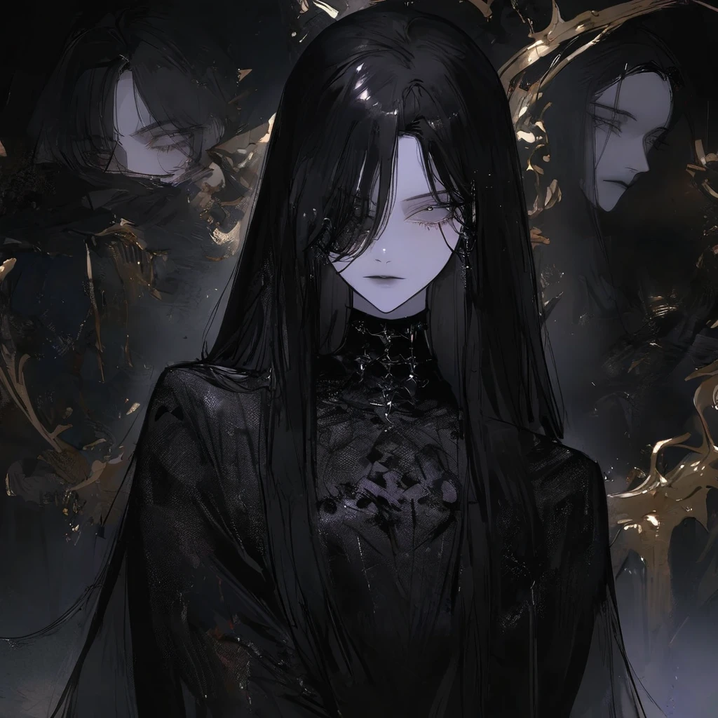 (dark atmospher,gothic fashion,shiny colors),(best qualityer,Super exquisite,), ultra detali,(best qualityer),((work of art)),(high resolution),original, A beautiful woman with long black hair, Bblack hair lisos, Bblack hair, comely, lindo rosto, blindfolded long hair ,black veil, She wears long, flowing garments made from a dark fabric that absorbs light and blends into the shadows around her., Your presence exudes an ethereal and cold aura, representing the transition between life and death,