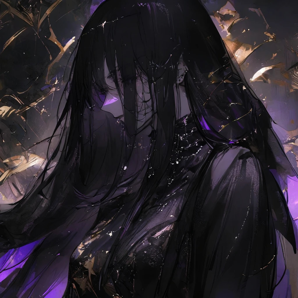 (dark atmospher,gothic fashion,shiny colors),(best qualityer,Super exquisite,), ultra detali,(best qualityer),((work of art)),(high resolution),original, A beautiful woman with long black hair, Bblack hair lisos, Bblack hair, comely, lindo rosto, blindfolded long hair ,black veil, She wears long, flowing garments made from a dark fabric that absorbs light and blends into the shadows around her., Your presence exudes an ethereal and cold aura, representing the transition between life and death,