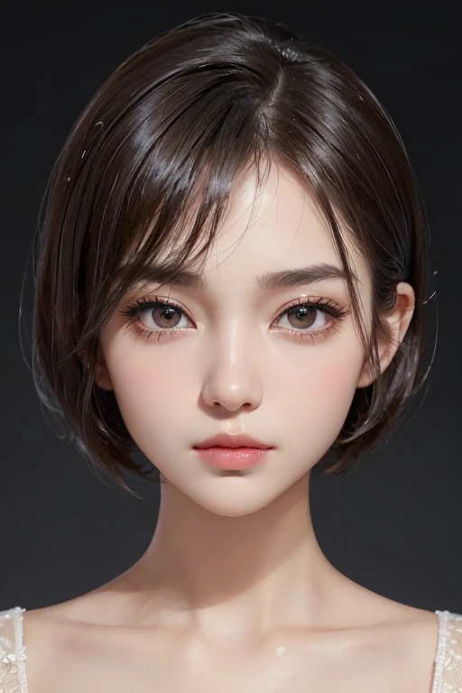 high resolution portrait。((Symmetrical and rounded facial features))、Have clear, smooth skin and a radiant complexion。(The facial features are well defined、High cheekbones、Straight nose、Characterized by plump lips。The eyes are large and expressive、Have long, thick eyelashes and perfectly groomed eyebrows)。((Her hairstyle is a pixie cut with volume on top.、It has the effect of making your face look longer vertically.))。The background is simple and elegant.、The focus is on her face.。The lighting is soft and inviting、Enhance her features、It gives a fresh impression。