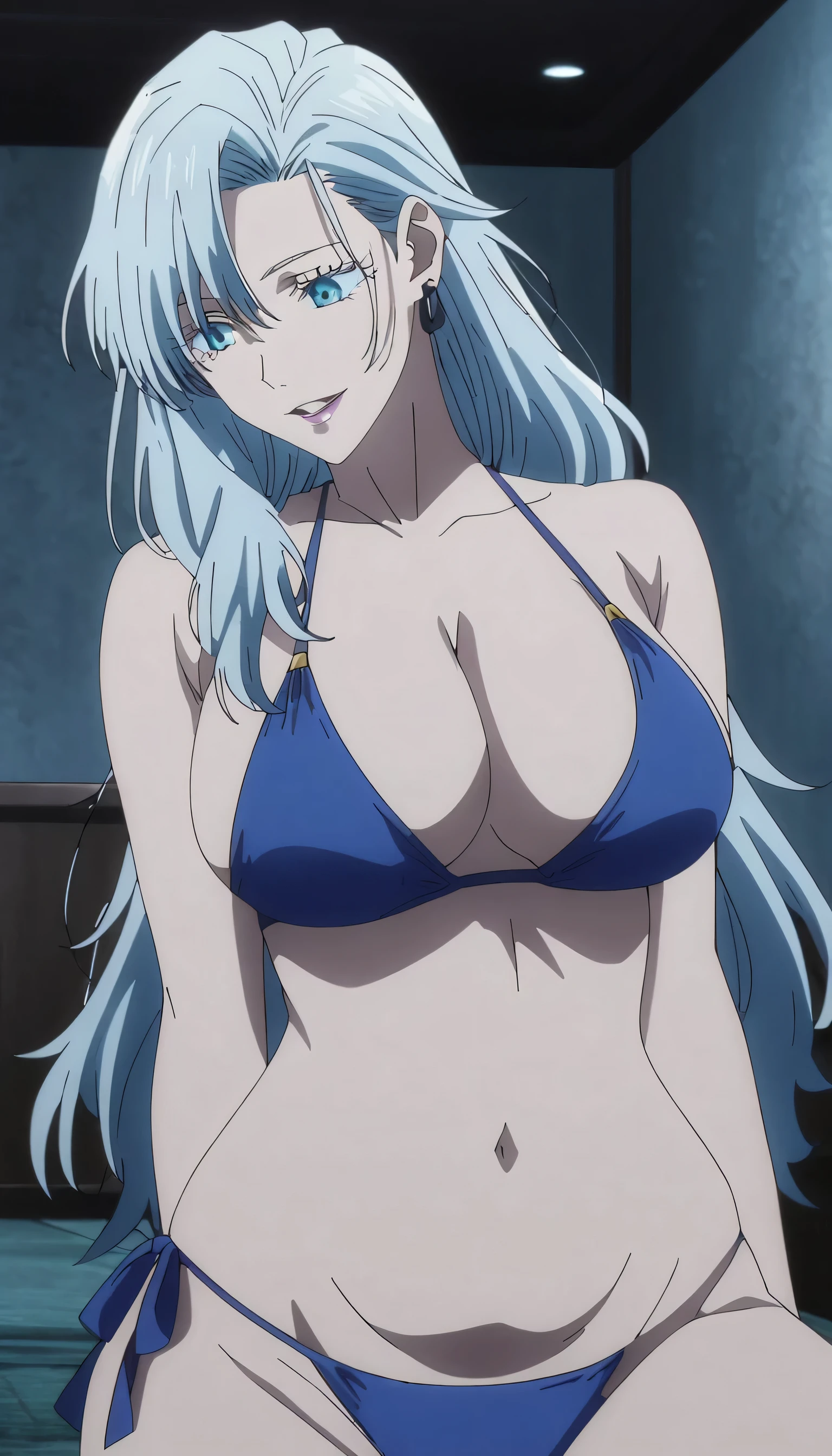 1girl, female gojo satoru, anime screencap from jujutsu kaisen, gojo satoru female version, solo, long_hair, ((Blue eyes,)) ((Silver_hair, hair over ear from one side))((slicked hair)) , night view, (stiff breasts) upper_body, smile, indoors, parted lips, (long hair) ((wearing a mini fancy blue bikini showing a lot of cleavage)) , (Belly Button ) ((Middlebreasts)) , glossy)) breast, "very detailed and high resolution" ((solo)) (((front view))) (earings) ((high resolution)) ((good quality)) ((silky hair, hair over ear from one side))((hair slicked)) ((parted lips))((Large breasts)) ((full body))