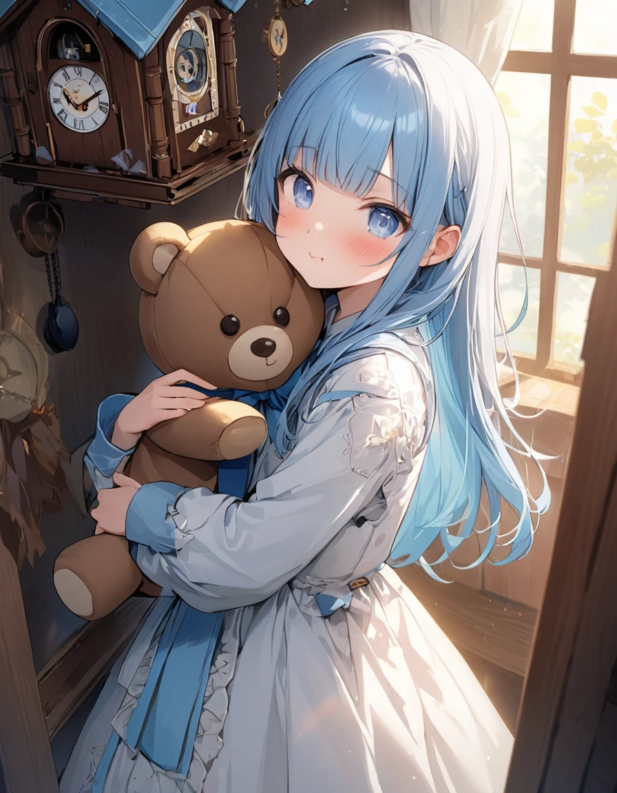 masterpiece, best quality, extremely detailed, (illustration, official art:1.1), 1 girl ,(((( light blue long hair)))), ,(((( light blue long hair)))),light blue hair, , long hair ((blush)) , cute face, big eyes, masterpiece, best quality,(((((a very delicate and beautiful girl))))),Amazing,beautiful detailed eyes,blunt bangs((((little delicate girl)))),tareme(true beautiful:1.2), sense of depth,dynamic angle,,,, affectionate smile, (true beautiful:1.2),,(tiny 1girl model:1.2),)(flat chest),(8K, best quality, master piece: 1.2), super high resolution,1 girl is hugging a stuffed teddybear,,solo,,ultra-detailed face,detailed eyes,gradient eyes,,blunt bangs,((pout)),blush,white fasciator,black dot pattern white dress,black bolero,cowboy shot,BREAK,one cuckoo clock,rim light,side view,room