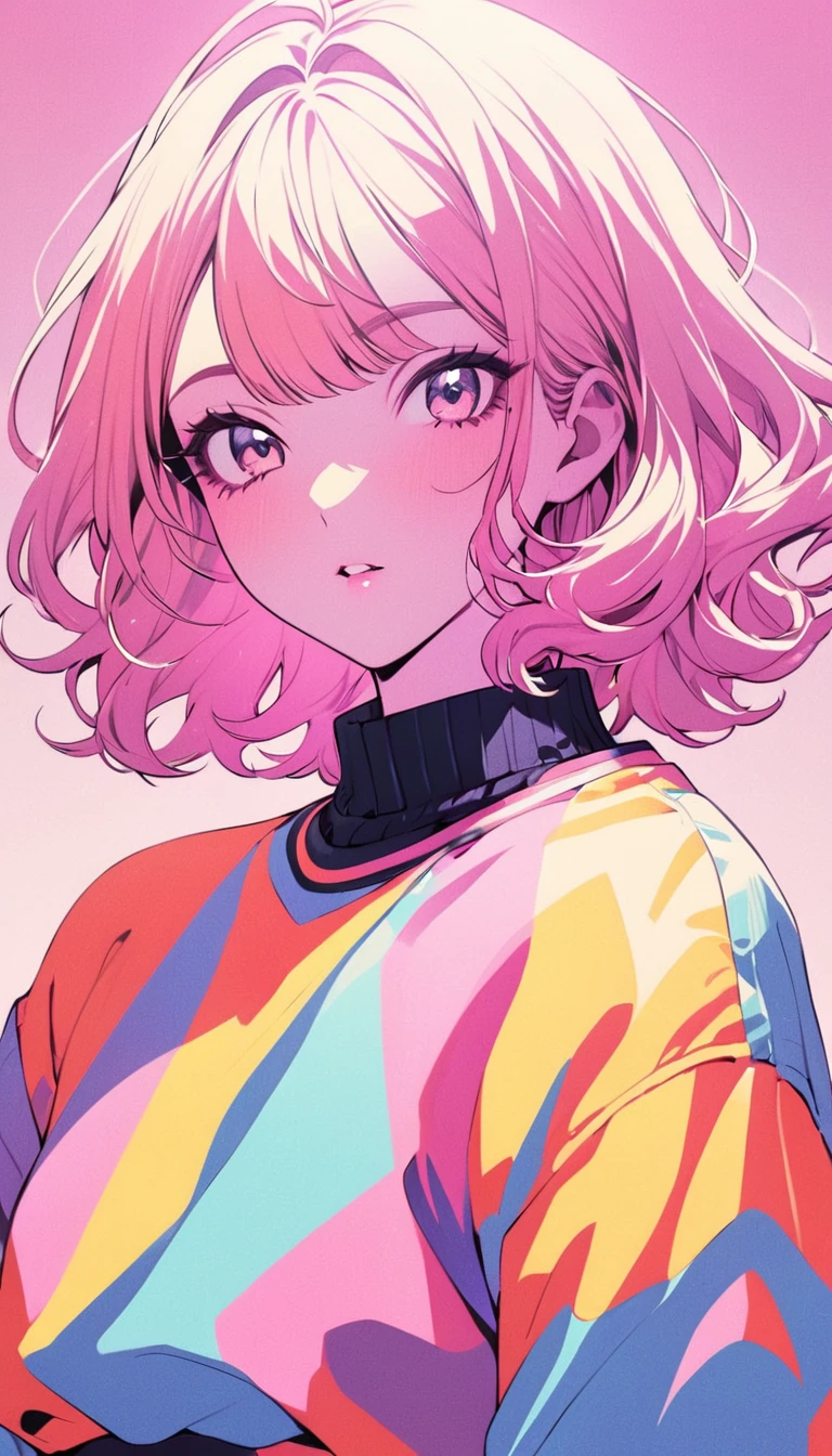 (Highest quality:1.2, City Pop Style, Very detailed, up to date, Vibrant, High Contrast, masterpiece:1.2, Highest quality, Best aesthetics), boy, ((Face Up Shot:1.4)), Colorful Hair, Bobcut, pastel colour, 1980s style, ((Retro, Vintage, Plain background))