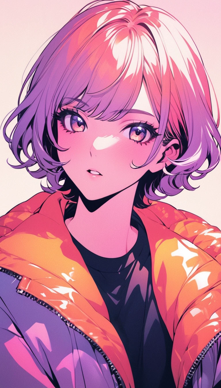 (Highest quality:1.2, City Pop Style, Very detailed, up to date, Vibrant, High Contrast, masterpiece:1.2, Highest quality, Best aesthetics), boy, ((Face Up Shot:1.4)), Colorful Hair, Bobcut, pastel colour, 1980s style, ((Retro, Vintage, Plain background))　