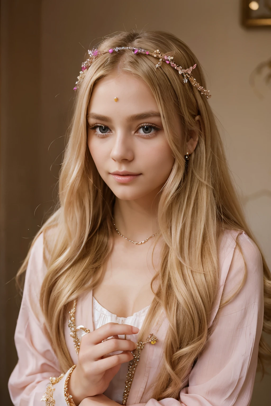 a beautiful girl, with blonde hair, pink like precious stones, she has long beautiful hair, an accessory on her forehead, with precious things, beautiful cute clothes. she looks like a beautiful angel. her character is very soft, 
