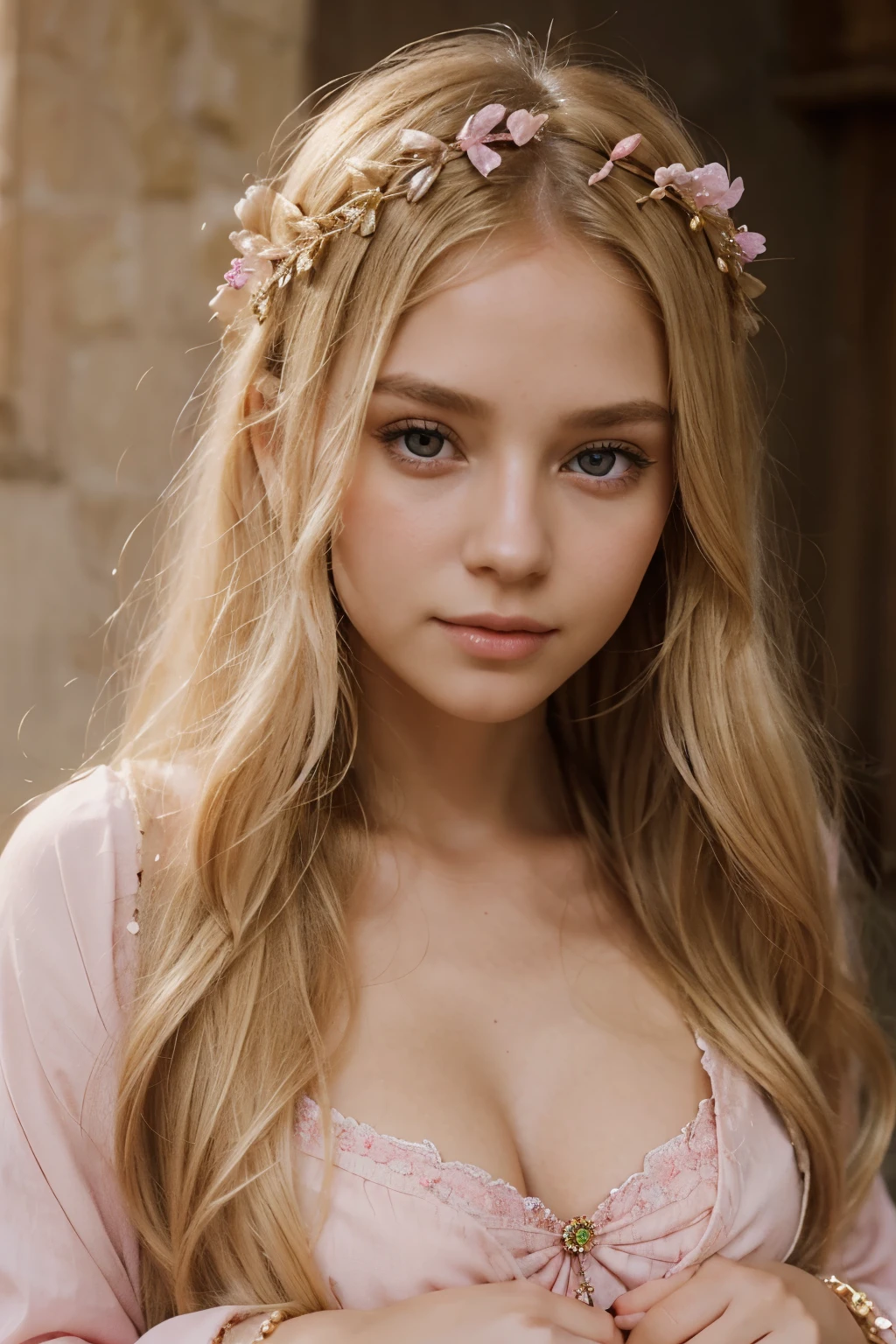 a beautiful girl, with blonde hair, pink like precious stones, she has long beautiful hair, an accessory on her forehead, with precious things, beautiful cute clothes. she looks like a beautiful angel. her character is very soft, 