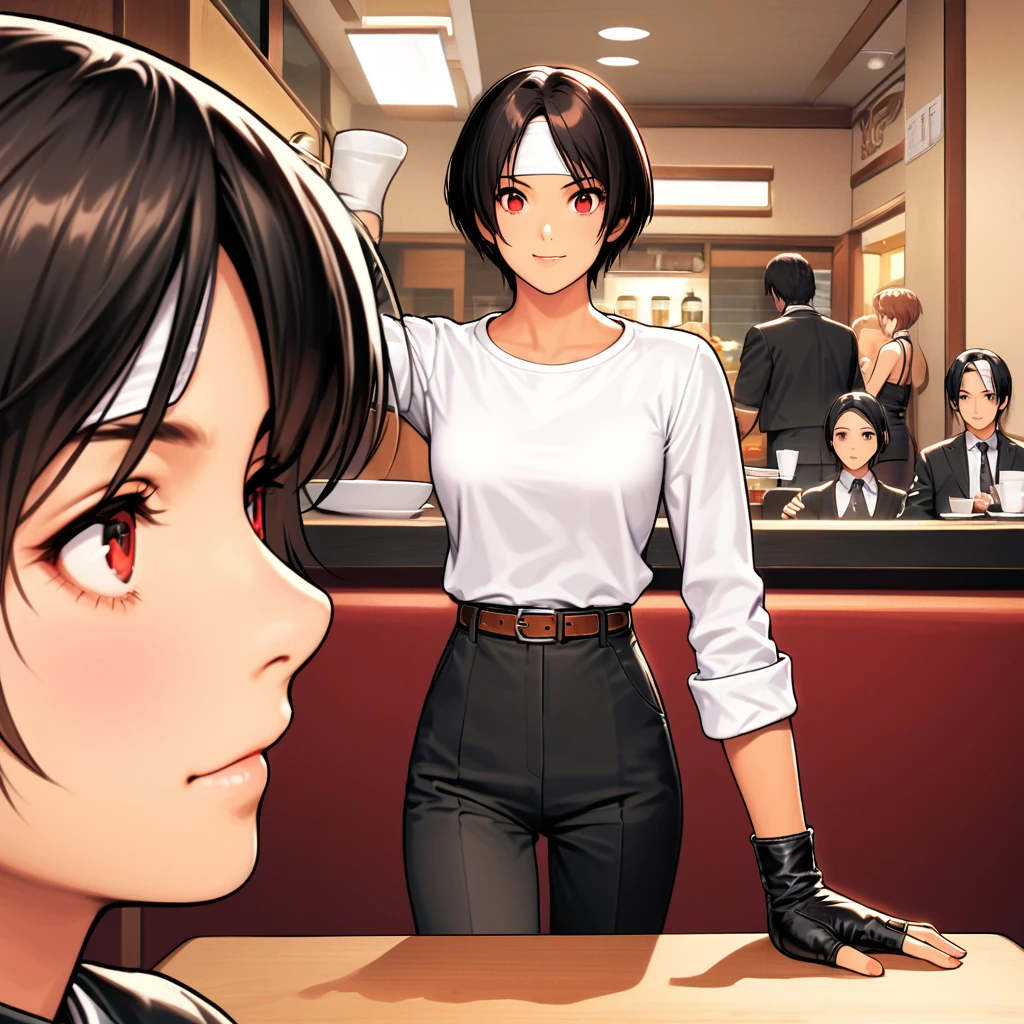 single,woman,Short Hair,Black Hair,Dark Skin,Red eyes,Black jacket(Roll up your sleeves),Fingerless gloves,White T-shirt、(White headband on forehead),Black trousers,White shoes,Brown belt,cute,Indoor person,Charming,Masterpiece,high quality,Narrow Face,Details,Confident surprise,Dining with friends at a restaurant,busy