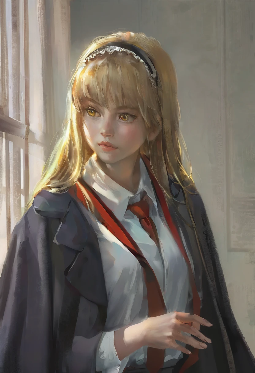 masterpiece, best quality, high quality, hyperrealistic anime painting, anime painting, loose long hair, dramatic diagonal lighting, painterly, realistic painting, soft feature, detailed clothes, detailed, rembrandt lighting, lemon irvine,1girl, solo, blonde hair, red necktie, skirt, long hair , yellow eyes, ribbon, hairband, hair ribbon, black pantyhose, shirt, black coat,black robe, school uniform, white shirt, upper body,close up,