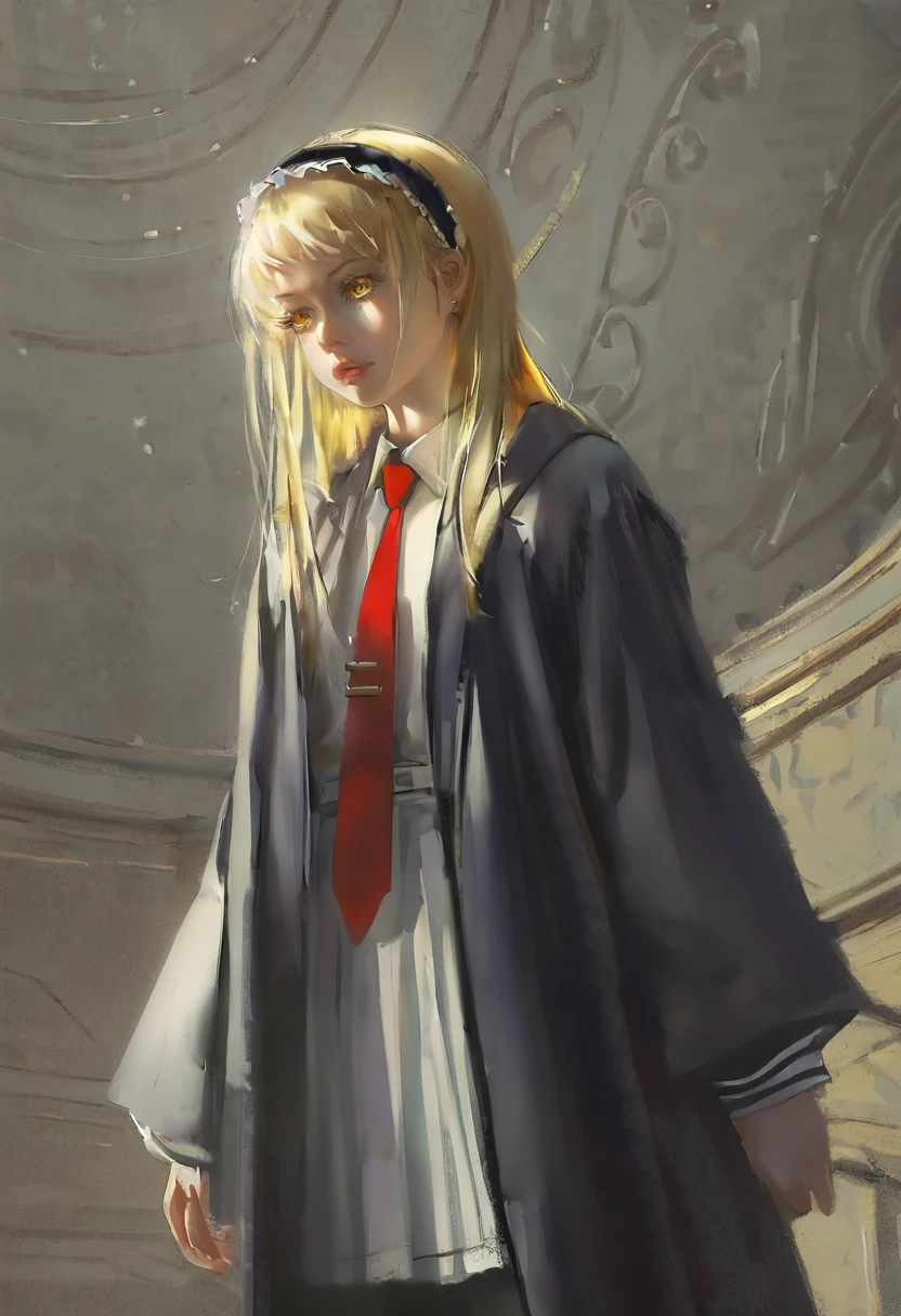 masterpiece, best quality, high quality, hyperrealistic anime painting, anime painting, loose long hair, dramatic diagonal lighting, painterly, realistic painting, soft feature, detailed clothes, detailed, rembrandt lighting, lemon irvine,1girl, solo, blonde hair, red necktie, skirt, long hair , yellow eyes, ribbon, hairband, hair ribbon, black pantyhose, shirt, black coat,black robe, school uniform, white shirt, upper body,close up,
