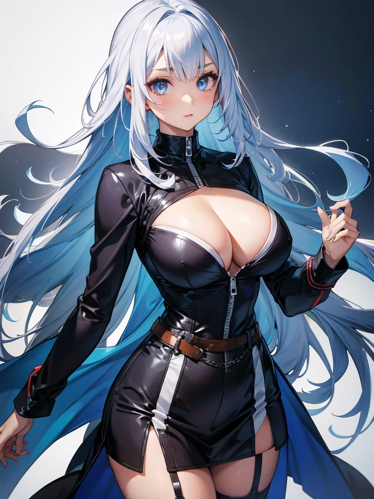 One girl,arrogant_face,Curvy,big_chest,sharp face,absurdly long hair,two-tOne hair,white hair,blue hair,hair_that&#39;s all_One_eye,curly hair,half-closed eyes,sky blue eyes,Mouth closed,Elf Ears,Are standing,Paladin,white_armor