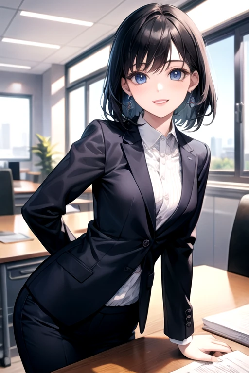 ((Highest quality)), ((masterpiece)), (detailed), ((small breasts))、office、20-year-old woman、office lady suit,  her smile is shining、Medium Hair、Black Hair、((Small breasts))、Deep blue eyes、Complex pupil、front、Intricate weaving,  indoor、