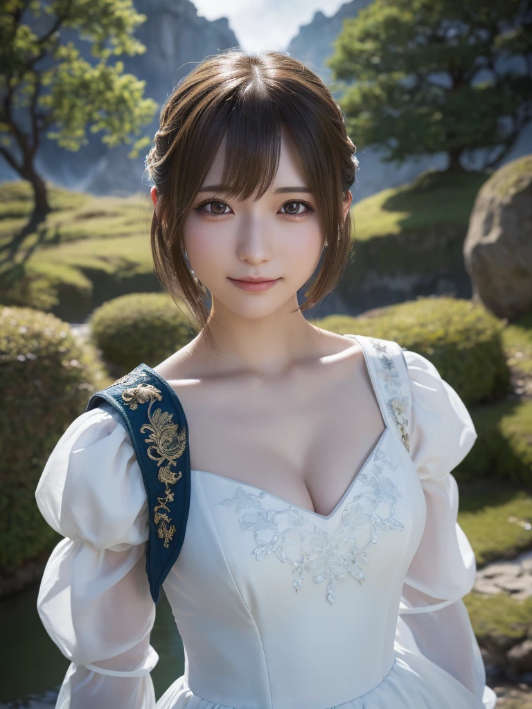 head shot,beautiful detailed eyes, droppy eyes,beautiful detailed lips, extremely detailed eyes and face, long eyelashes, 1japanese girl, fantasy character, (Final Fantasy, yuuna:1.25),smile,short hair,elegant white dress,break, blue long skirt,break,magical girl, highly detailed, fantasy landscape, dramatic lighting, glowing effects, mist, intricate details, volumetric lighting, cinematic composition, hyper realistic, 8k, best quality, masterpiece, photorealistic,Highres fix