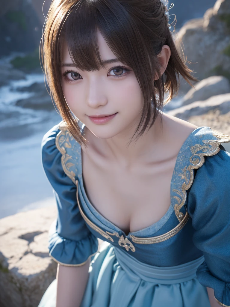 head shot,beautiful detailed eyes, droppy eyes,beautiful detailed lips, extremely detailed eyes and face, long eyelashes, 1japanese girl, fantasy character, (Final Fantasy, yuuna:1.25),smile,short hair,elegant white dress,break, blue long skirt,break,magical girl, highly detailed, fantasy landscape, dramatic lighting, glowing effects, mist, intricate details, volumetric lighting, cinematic composition, hyper realistic, 8k, best quality, masterpiece, photorealistic,Highres fix