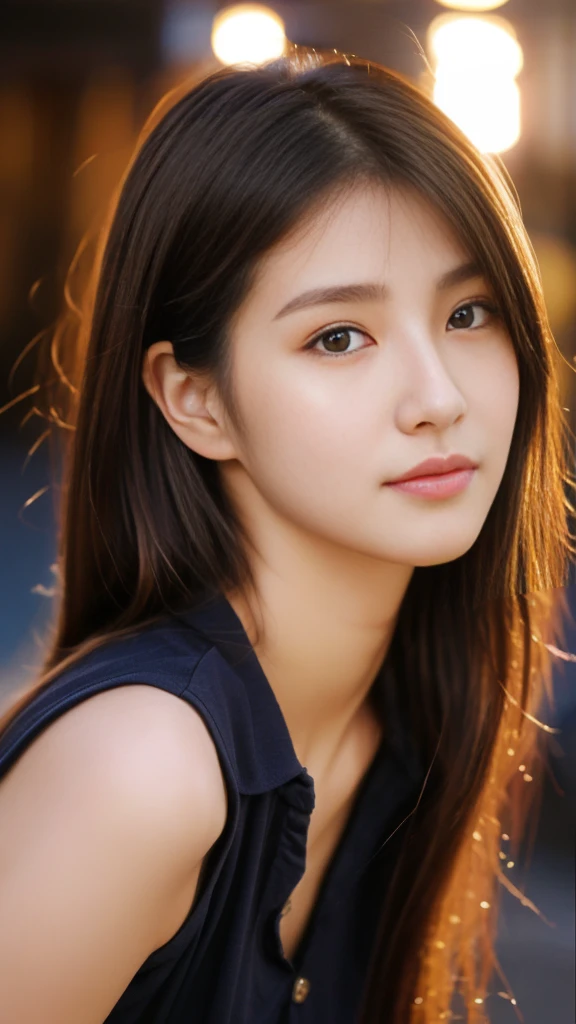 Highest quality、Japanese women、The most beautiful woman in the world、Brown long hair hairstyle、Small face、Beautiful skin、evening、Large breasts、Realistic、Sexy pose、Sexy look、A black shirt with buttons closed at the front