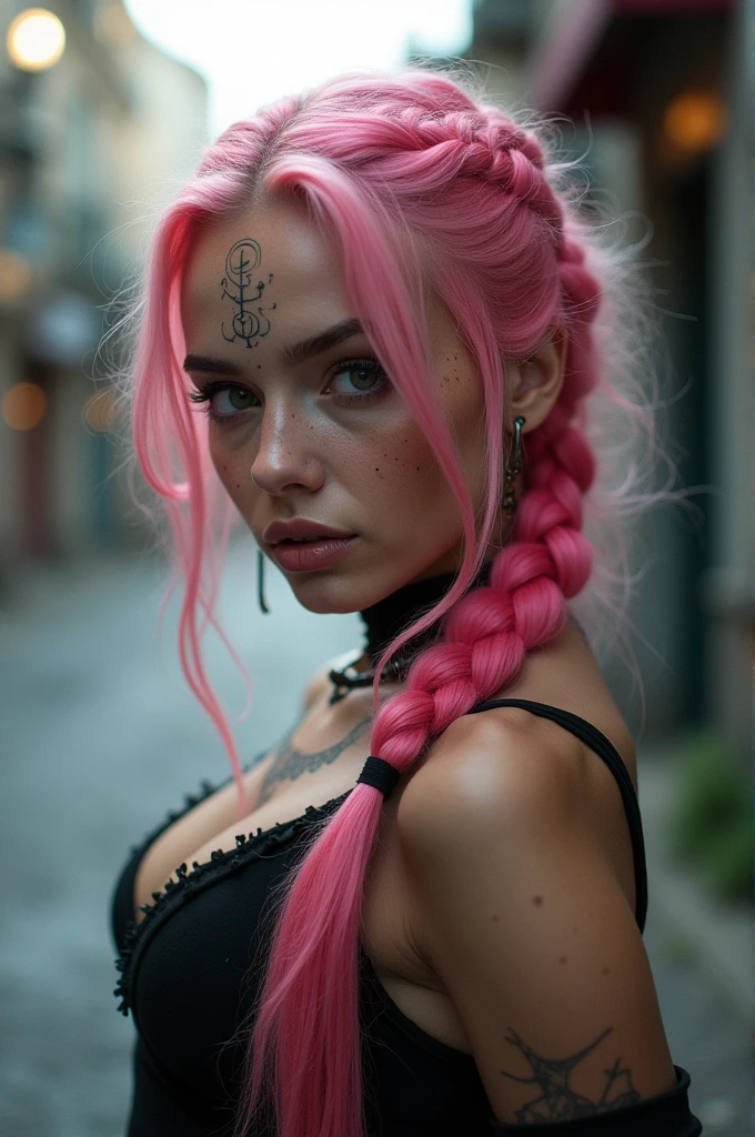 (Realisttic:1.2), analog photo style, Beautiful young woman, posing, with freckles and long pink hair braided, (cyberpunk dark fantasy atmosphere), soft natural light, cute and sexy, great quality, Masterpiece, detailed strange background, better performance, 16k quality, RAW photo, in a street, cyberpunk street