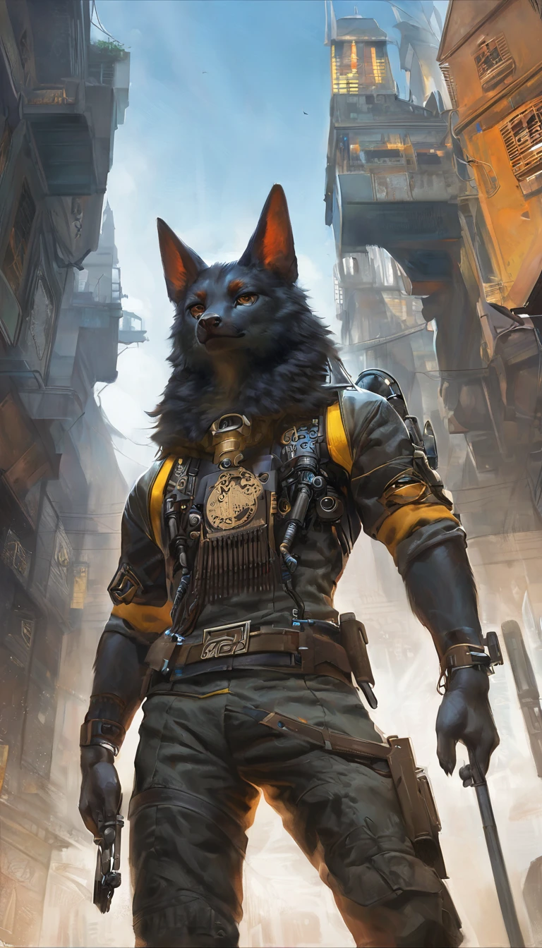 cover page, highres, top quality, best quality, paid reward available, unparalleled masterpiece, perfect artwork, absurdres, High-quality illustrations by Johannes Vermeer, Dark_Fantasy, Cyberpunk, steam punk(super handsome boy, muscular, single, black fur, anubis, kemono)Mechanical marvel, Robotic presence, Cybernetic guardian, robotic arm, wearing a worn-out light combat suit, intricate(steel metal, rusty)(furry anthro:1.7)(Furry body, anubis facial features, anubis body features)elegant, clear focus, shot by greg rutkowski, soft lighting, vibrant colors, masterpiece((street))cowboy shot, dynamic angle,
