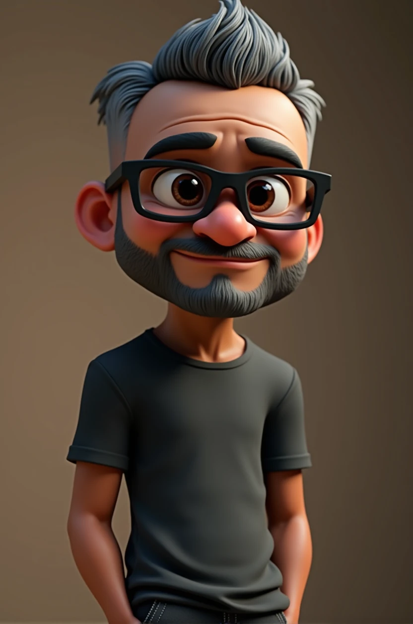 Cartoon character of a middle-aged black man with very short hair pinned behind, wearing black glasses. Stylized character, animation style rendering, 3D stylized, Arnold Maya render, 3D stylized render, toon render Keyshot, 3D character, 3D stylized rendering, cartoon character, character close-up, character pose, Pixar style, high quality, cinematic lighting, sharp focus, detailed texture, detailed skin, clay, bokeh, 8K.
The man should have the following characteristics: Middle-aged man with a broad build but not muscular, hands casually relaxed. His skin tone is dark brown with a warm undertone. He has two prominent horizontal wrinkles on the glabella, between his eyebrows, with no other wrinkles on his forehead. His beard is very short, trimmed, and sparse, with all white hairs on the chin and the rest being dark gray. His hair is extremely short on top, styled back, and shaved on the sides. He wears modern black glasses. His eyebrows are thick and well-defined, and his eyes are brown, conveying warmth and friendliness. The man is dressed in an oversized black t-shirt and dark gray pants without a belt.
Incorporate the following ancestry characteristics: 43% European (17% Iberian and 17% Western European, including Germany, France, and the Netherlands), 4% Sephardic Jewish, 3% Fennoscandian, less than 2% Balkan and Lapland and Volga-Ural, 41% from the Americas, 9% from the Middle East and Maghreb, and 7% from Africa.