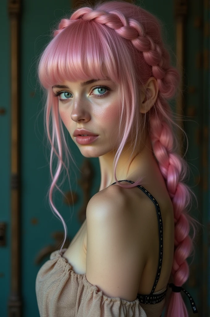 (Realisttic:1.2), analog photo style, Beautiful young woman, posing, long pink hair braided, blue eyes, intense eyes, (steampunk dark fantasy atmosphere), soft natural light, cute and sexy, great quality, Masterpiece, detailed strange background, better performance, 16k quality, RAW photo, naked, nude, from the back, showing ass, beautiful ass,