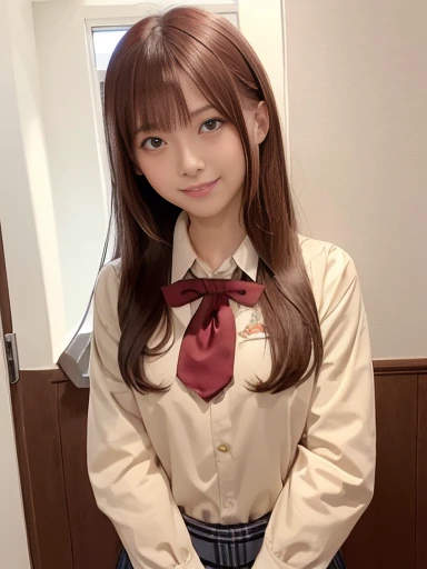 solo,1girl,bocchi the rock!,kita ikuyo,red hair,yellow eyes,one side up,bangs,semi long hair,small breasts,long legs,disheveled hair,standing,cowboy shot,smile,open mouth,neckerchief,red bowtie,beige school uniform,