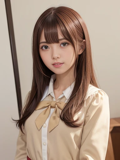 solo,1girl,bocchi the rock!,kita ikuyo,red hair,yellow eyes,one side up,bangs,semi long hair,small breasts,long legs,disheveled hair,standing,cowboy shot,smile,open mouth,neckerchief,red bowtie,beige school uniform,