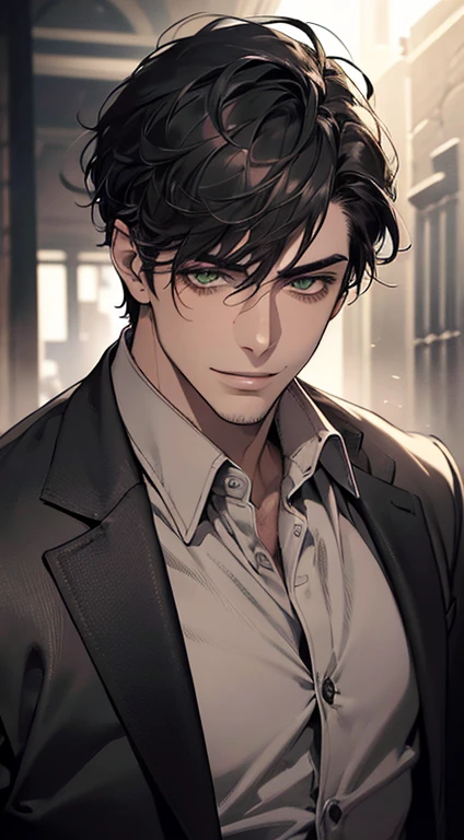 ((a mature man, very handsome, smile in love, short grey black hair, green eyes, perfect face without errors)), ((buttoning the jacket, CEO)), (best quality, masterpiece, 8K, photorealistic, cinematic lighting, hdr image, ultra detailed, beautiful image), (portrait, detailed facial features, intricate textures, realistic skin tones, highly detailed, ultra-realistic), (warm lighting, soft shadows, dramatic lighting), (muted color palette, rich tones), (professional photography, high resolution, studio lighting)