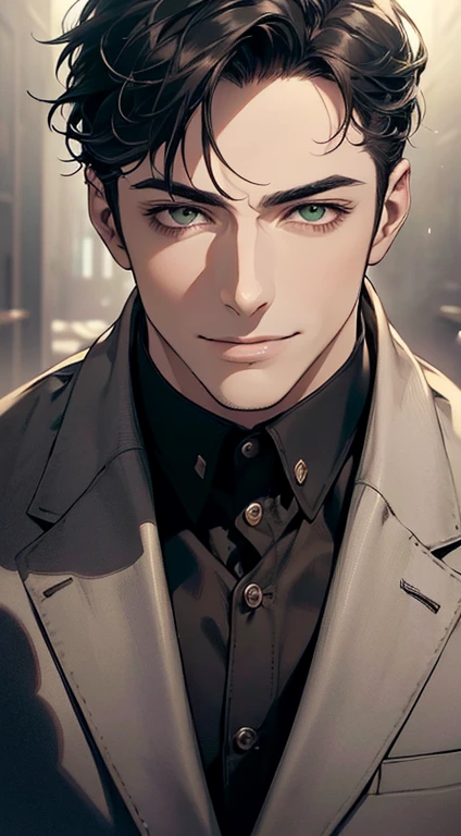((a mature man, very handsome, smile in love, short grey black hair, green eyes, perfect face without errors)), ((buttoning the jacket, CEO)), (best quality, masterpiece, 8K, photorealistic, cinematic lighting, hdr image, ultra detailed, beautiful image), (portrait, detailed facial features, intricate textures, realistic skin tones, highly detailed, ultra-realistic), (warm lighting, soft shadows, dramatic lighting), (muted color palette, rich tones), (professional photography, high resolution, studio lighting)