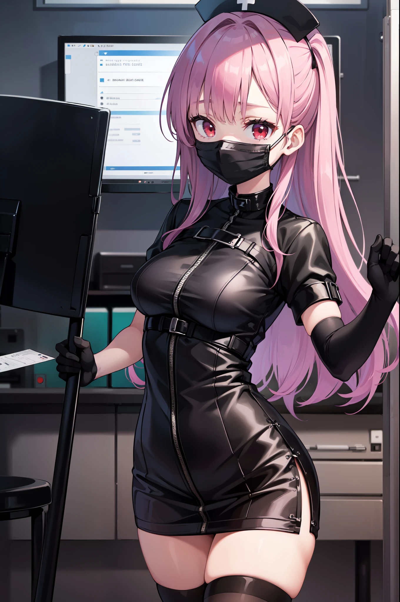 black nurse, 1woman, solo, black nurse cap, black nurse uniform, ((black legwear, zettai ryouiki)), black elbow gloves, long hair, purple hair, red eyes, ((black surgical mask, covered nose)), standing, ((surgery room)), sharp outline, short sleeves, mature female, 35 years old, best quality, masterpiece