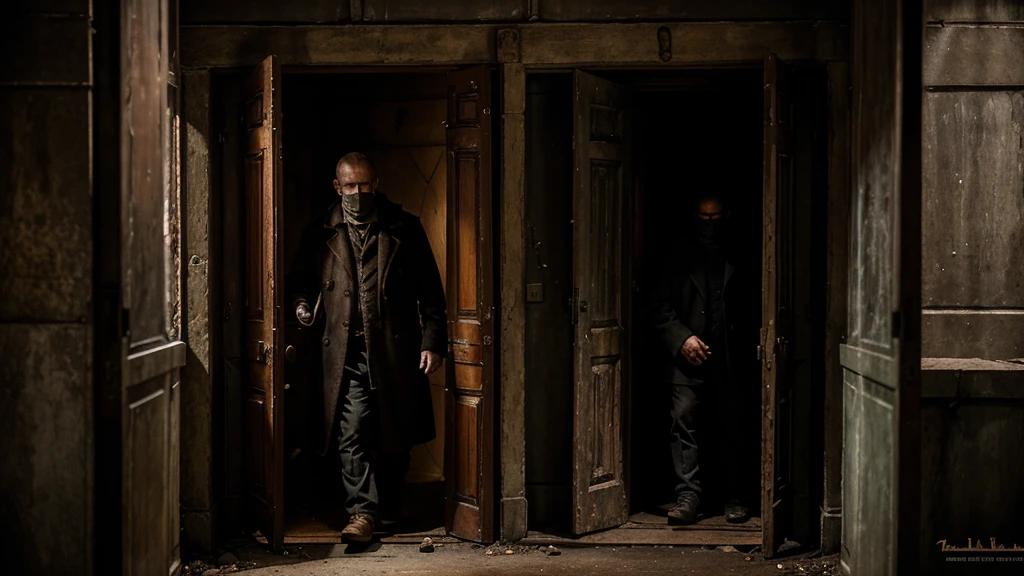 An old, rusty door in the corner of a haunted mansion opens on its own, revealing a dark, endless tunnel. A middle-aged man, dressed in a coat, stands at the threshold, his face pale as he hesitates to step forward. Cold, decaying air flows from the tunnel, creating an overwhelming sense of danger.