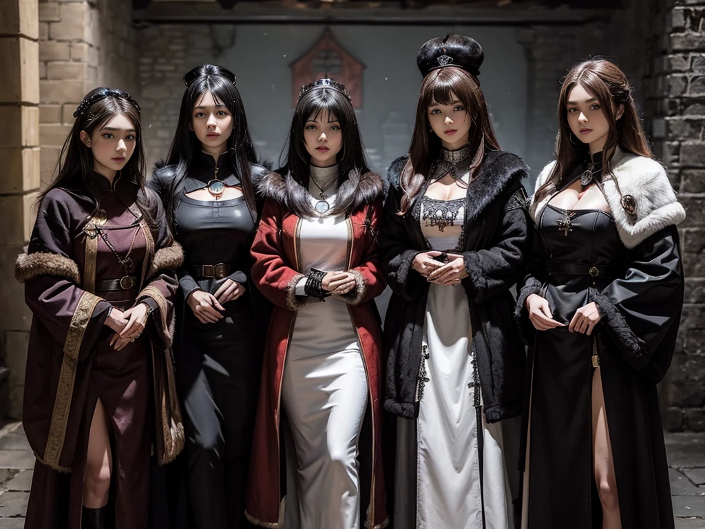 (((Fur Mistress)))Woman in British dress。Four women。Russian。(((The dungeons of the old castle)))Fur coat。