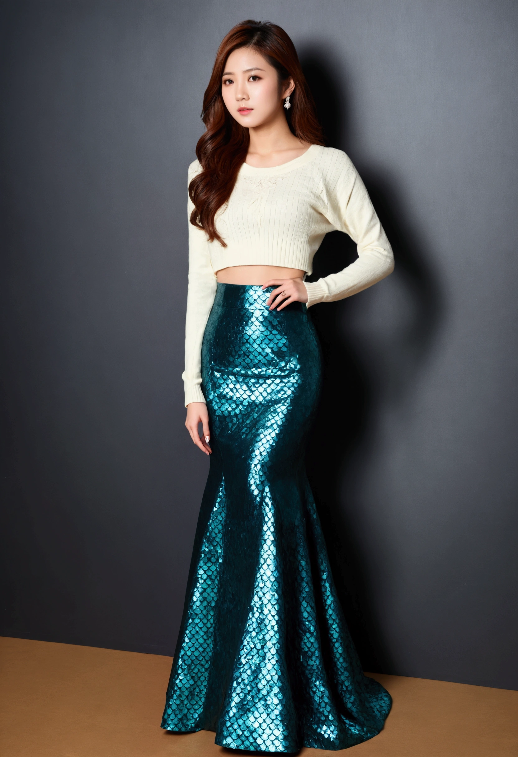 (masterpiece,highest quality,超A high resolution),Japanese women, (((Very beautiful 25 year old girl))),Mermaid-style high-waisted maxi skirt、The skirt fits snugly to the body、Long sleeve sweater、Dark Room