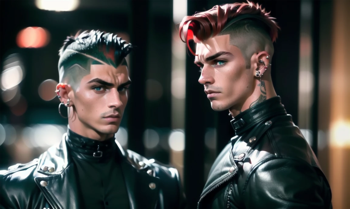 "((highly detailed, detailed eyes, detailed face, clear and realistic facial features, photorealistic, realistic light; cinematic, half-body)), (1 man), ((((fancy restaurant background)))), (((gorgeous athletic tough bully male))), (((20-year-old punk adult male))), (((uncomfortable expression))), ((imposing pose)), ((blue-green eyes)), ((short black hair shaved sides)), (((dressed in black and leather))), ((red tint in hair)), ((nose piercing)), ((ear piercings)), eyebrow piercing)), ((standing looking down))."