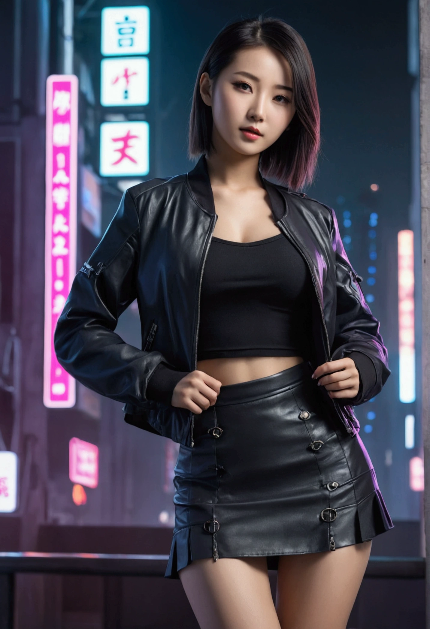 A woman in a short skirt and jacket posing for a photo., cyberpunk art by Raymond Han, Trends in CG society, Digital art, Chinese woman, korean girl, beautiful asian woman, asian woman, young asian girl, attractive girl, beautiful asian woman, korean woman, Chinese woman, beautiful south korean woman, gorgeous young korean woman, beautiful young korean woman, asian woman