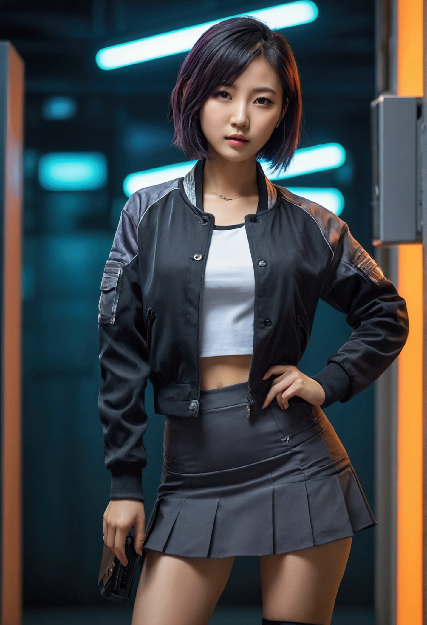 A woman in a short skirt and jacket posing for a photo., cyberpunk art by Raymond Han, Trends in CG society, Digital art, Chinese woman, korean girl, beautiful asian woman, asian woman, young asian girl, attractive girl, beautiful asian woman, korean woman, Chinese woman, beautiful south korean woman, gorgeous young korean woman, beautiful young korean woman, asian woman