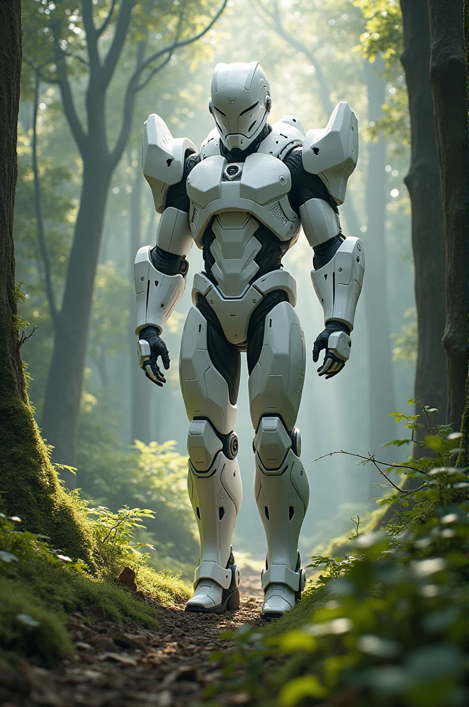 armored suit, White shirt, forest