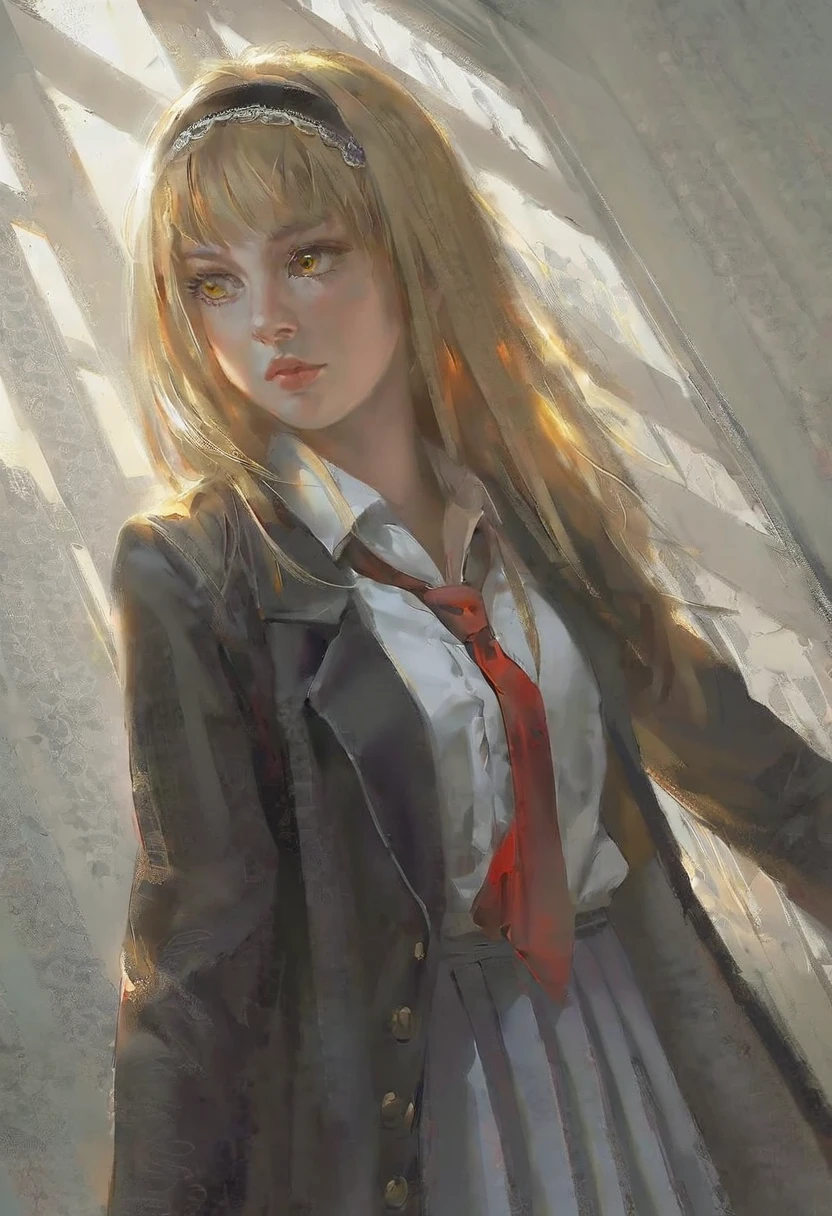 masterpiece, best quality, high quality, hyperrealistic anime painting, anime painting, loose long hair, dramatic diagonal lighting, painterly, realistic painting, soft feature, detailed clothes, detailed, rembrandt lighting, lemon irvine,1girl, solo, blonde hair, red necktie, skirt, long hair , yellow eyes, ribbon, hairband, hair ribbon, black pantyhose, shirt, black coat,black robe, school uniform, white shirt, upper body,close up,
