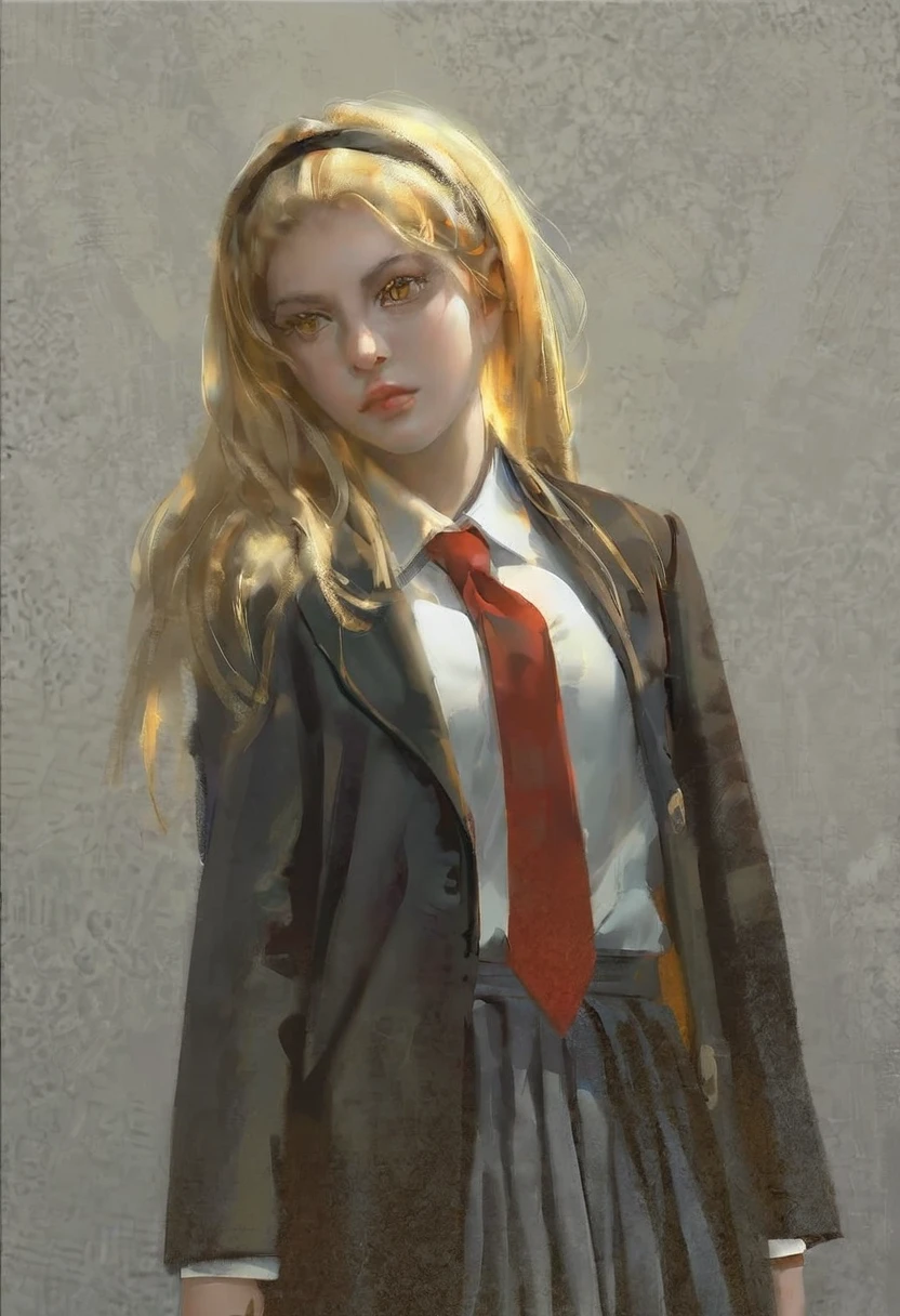 masterpiece, best quality, high quality, hyperrealistic anime painting, anime painting, loose long hair, dramatic diagonal lighting, painterly, realistic painting, soft feature, detailed clothes, detailed, rembrandt lighting, lemon irvine,1girl, solo, blonde hair, red necktie, skirt, long hair , yellow eyes, ribbon, hairband, hair ribbon, black pantyhose, shirt, black coat,black robe, school uniform, white shirt, upper body,close up,
