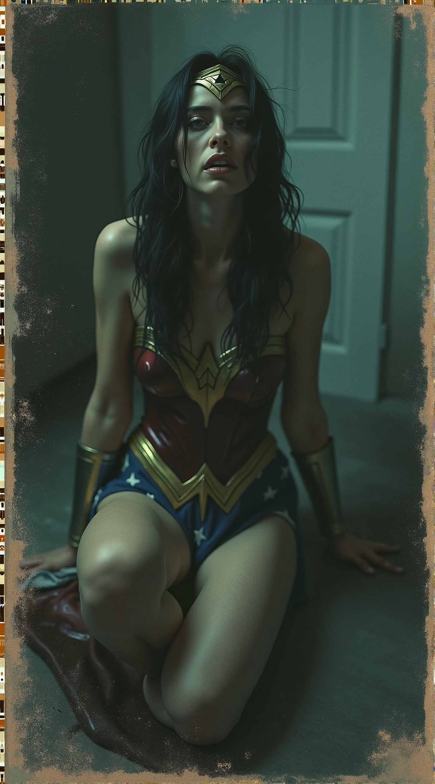 wonder-woman, languid, loose, 11:30 pm, dimly lit, dark room, bad camera, bad photo, moody, by ellen von unwerth, Polaroid photography, 