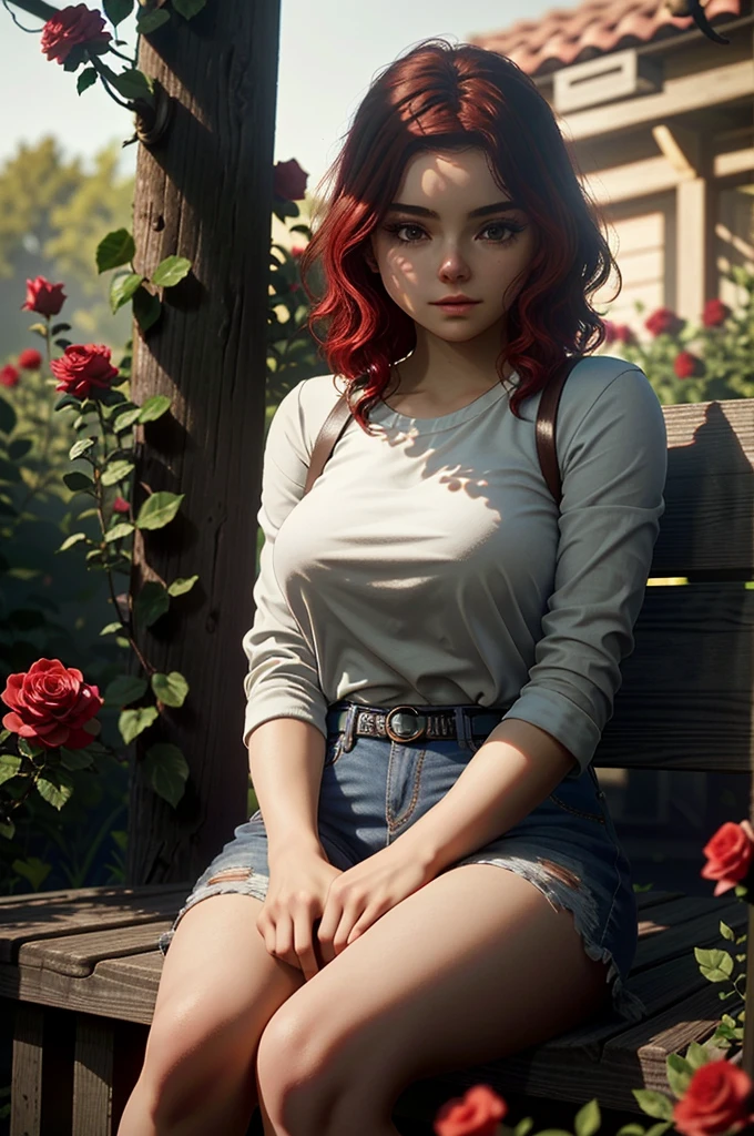 ((ultra detailed, masterpiece, absurdities)) CanteraAbigail, 1 girl, Alone, Red hair, Brown eyes, sitting in a garden, rose, showy, sunrise, cinematic lighting