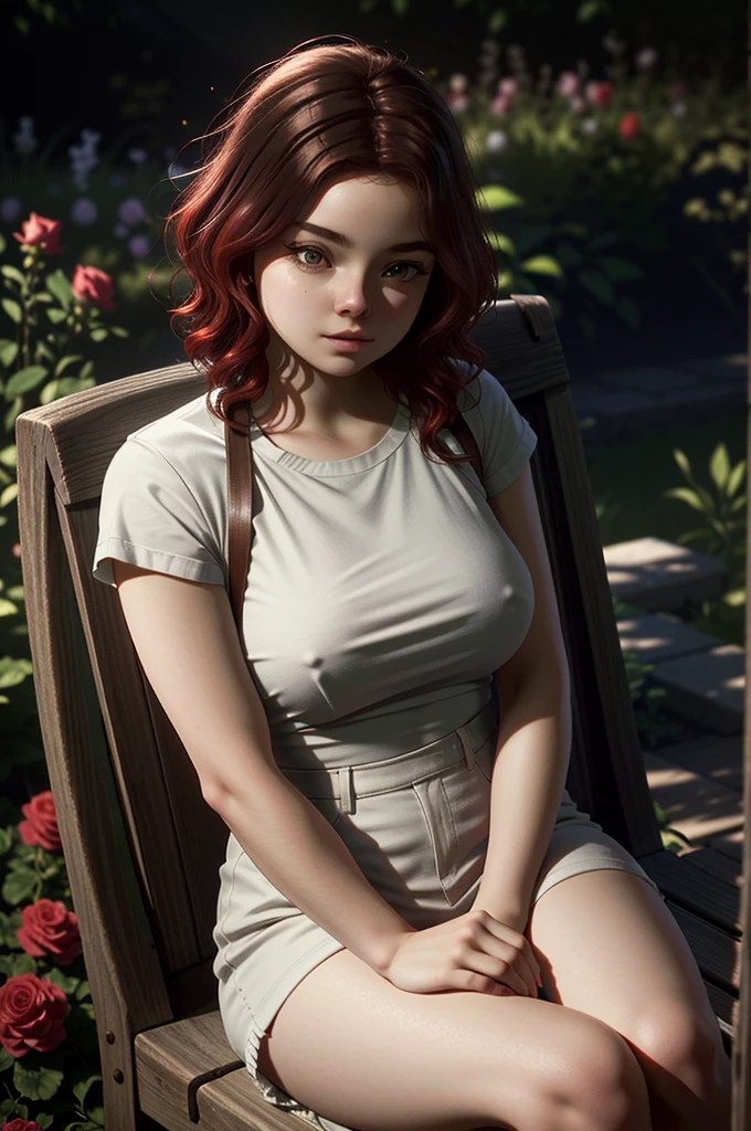 ((ultra detailed, masterpiece, absurdities)) CanteraAbigail, 1 girl, Alone, Red hair, Brown eyes, sitting in a garden, rose, showy, sunrise, cinematic lighting