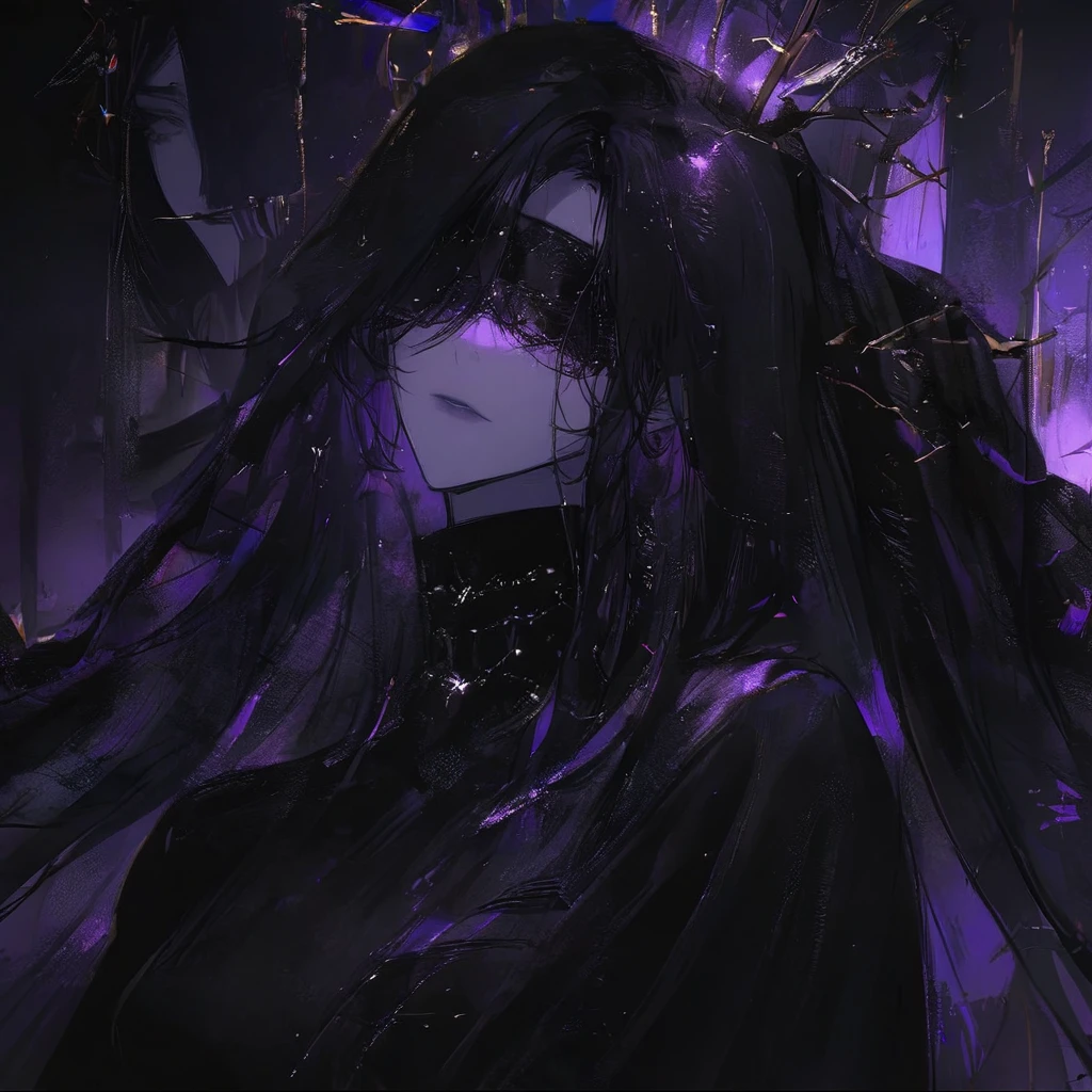 (dark atmospher,gothic fashion,shiny colors),(best qualityer,Super exquisite,), ultra detali,(best qualityer),((work of art)),(high resolution),original, A beautiful woman with long black hair, Bblack hair lisos, Bblack hair, comely, lindo rosto, blindfolded long hair ,black veil, She wears long, flowing garments made from a dark fabric that absorbs light and blends into the shadows around her., Your presence exudes an ethereal and cold aura, representing the transition between life and death,