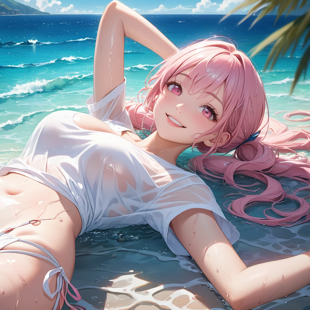 (8K, masutepiece, Best Quality, Official art, beautiful detailed, beautiful lighting, best masterpiece in history that exceeds limits), (1 Girl, Solo), (sixteen years old), (beautiful detailed face), (wet shiny white skin), (Beautiful big bust, cleavage, thighs:1.3), (beautiful detailed pink twin tails hair, Bangs:1.3), (pastel blue cute ribbon), (beautiful detailed drooping pink eyes:1.5), (see through wet plain white T-shirt, short sleeves long length, side-tie_bottom:1.3), (happy smile:1.2), (lying down on her back, Attractive), breathtaking scenery, (ultra detailed Beautiful sea, blue sky:1.3)