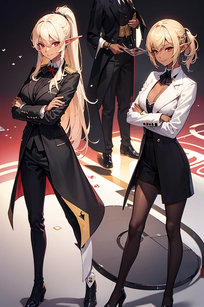 Beautiful images,Detailed Images,Official image,Casino Background,One Woman,Blonde,Red Eyes,Ponytail Hair,Model body type,(Dark Skin:1.3),Elf Ears,Large Breasts,Cross your arms,(Black tailcoat:1.3),Smile small,Playing cards scattered