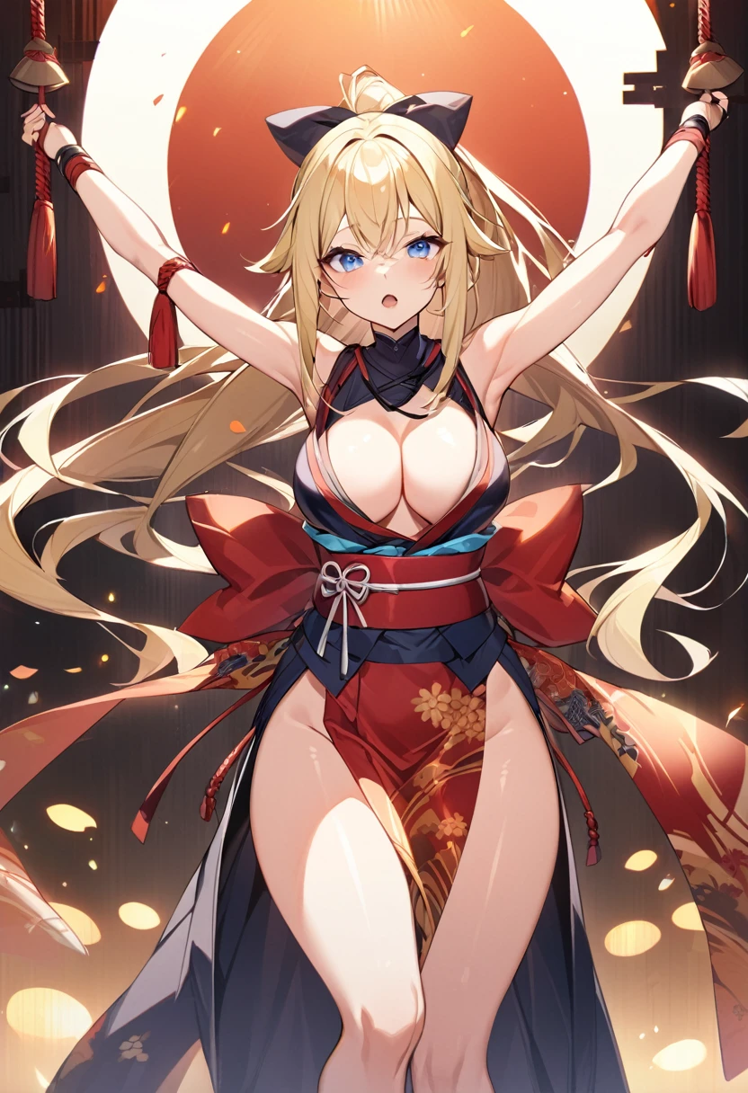 One Girl、Semi-long hair、blonde、blue eyes、like々New Appearance、Slightly large chest、（Slightly large chest：1.4)、Cleavage、Exposed shoulders、Are standing、clavicle、whole body、ponytail、Thighs、Open lips、kimono、Shiny、Raise your arms、Shiny Hair、Shiny skin、open bangs、band、高いponytail、Revealing clothing、rope、Pelvic Curtain、Ninja