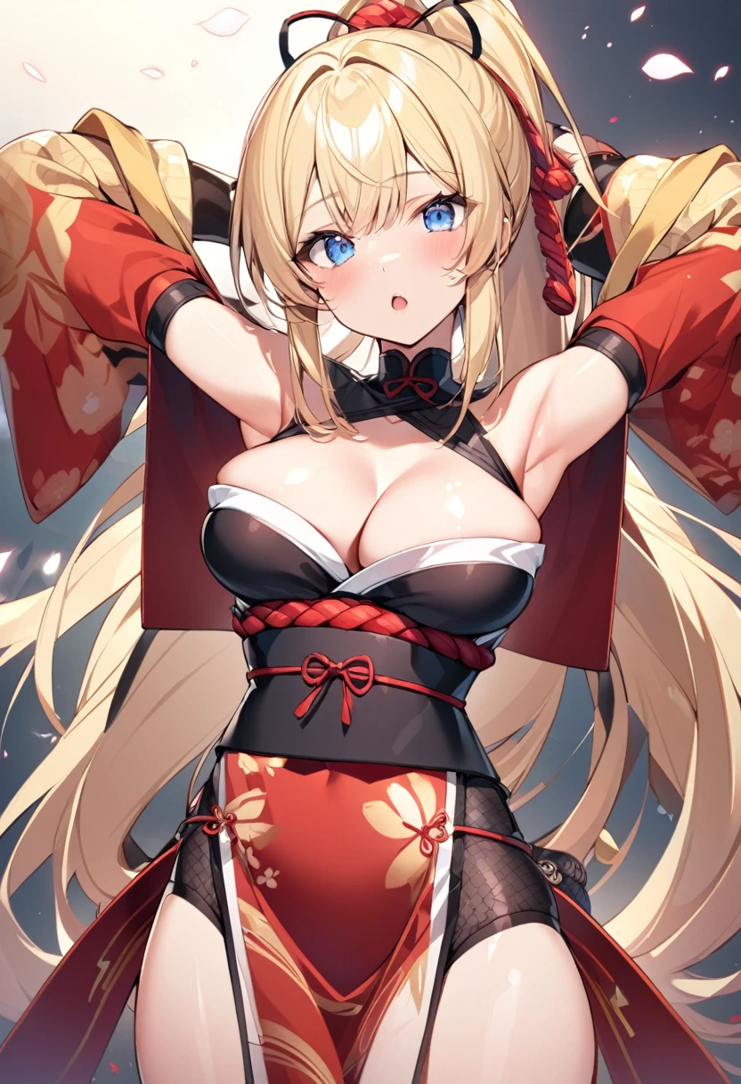One Girl、Semi-long hair、blonde、blue eyes、like々New Appearance、Slightly large chest、(Slightly large chest:1.4)、Cleavage、Exposed shoulders、Are standing、clavicle、whole body、ponytail、Thighs、Open lips、kimono、Shiny、Raise your arms、Shiny Hair、Shiny skin、open bangs、band、高いponytail、Revealing clothing、rope、Pelvic Curtain、Ninja