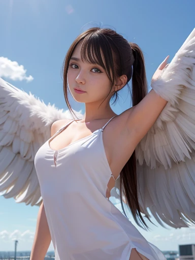 An extremely delicated and beautiful girl is spreading her beautiful wings and flying in the sky.She has an extremely detailed and beautiful cute anime face,